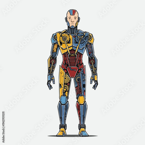 A robotic humanoid composed of colorful segments and gears