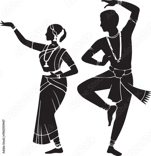 Indian classical dance, Bharatanatyam vector silhouettes, traditional dancers, black and white illustration