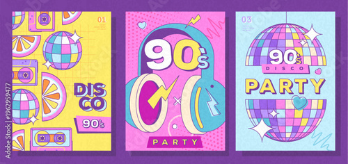 Set of retro colorful disco party posters, covers or banners of 80s-90s. Disco background. Flat design. Vector illustration