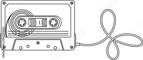 cassette tape vector illustration retro audio music icon, vintage magnetic tape recorder symbol, analog sound media flat line design