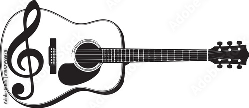 Acoustic Guitar, Music Treble Clef, Black Vector Illustration, Musical Instrument, Sound Symbol