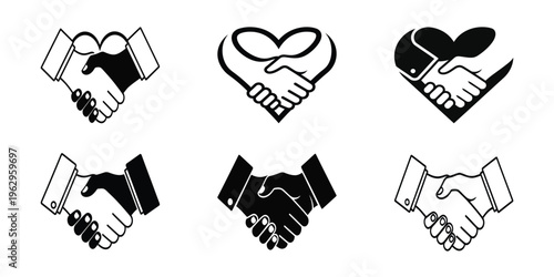 Six black and white handshake icons forming heart shapes with hands
