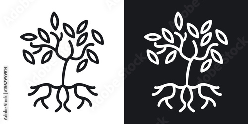 Tree with roots and leaves icon set in black and white stroke lines