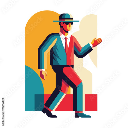 A stylized illustration of a man walking, geometric shapes