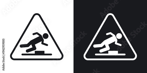 Tripping hazard warning sign set in black and white stroke lines