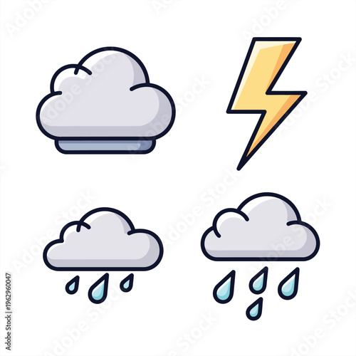 Modern flat design weather icons set. Features clouds, rain, and lightning. Perfect for forecasts, digital interfaces, and designs depicting various atmospheric conditions