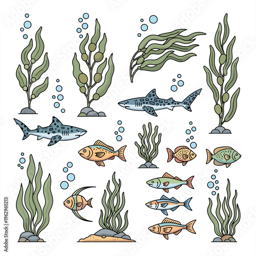 Vector illustration of various marine life, including sharks, fish, and seaweed, set against a white background, perfect for aquatic themes