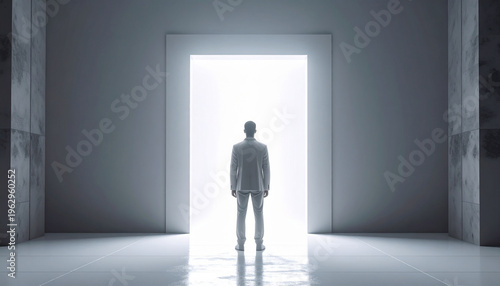 Businessman facing glowing doorway future concept