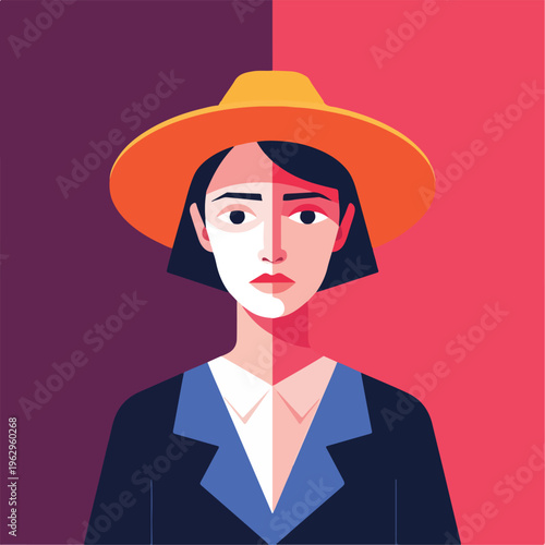 A stylized portrait of a woman in a hat and blazer against a split backdrop