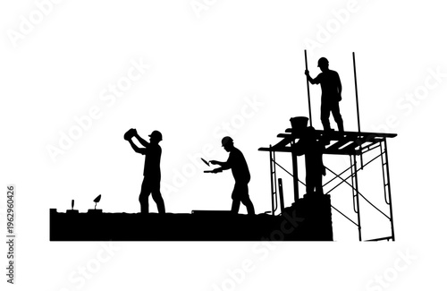 Construction Workers Silhouettes on Scaffold