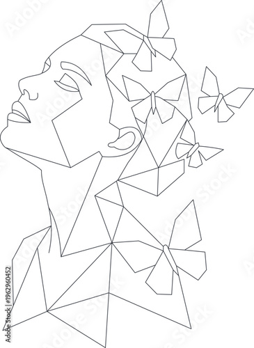 Abstract geometric woman face profile with butterflies one line art illustration.