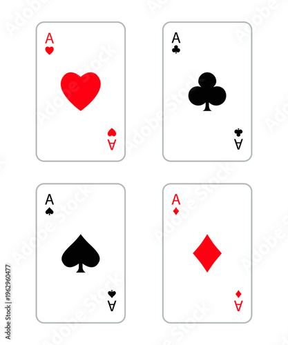 Four aces icon. Playing card set. Poker cards suits. Hearts, clubs, diamonds, spades ace line. Winning poker hand. Las Vegas Casino gambling concept. Flat design. Isolated. White background. Vector