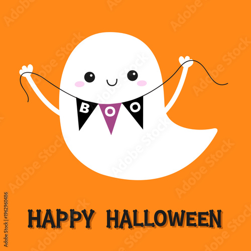 Flying ghost spirit holding bunting flag Boo. Happy Halloween. Scary white ghosts. Cute cartoon spooky character. Smiling face, hands. Orange background Greeting card. Flat design. Vector illustration