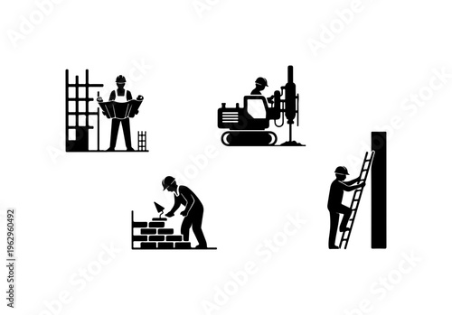 Construction Workers Performing Various Tasks