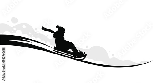 Silhouette of a person sledding downhill quickly against a white background suggests winter recreation.