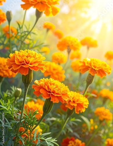 Vibrant orange flowers bask in warm sunlight in a lush garden
