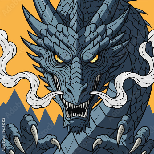 A stylized dragon with a threatening expression and sharp claws, exhaling smoke