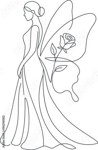 Elegant one line drawing of woman fairy with wings holding a rose flower.