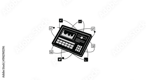 Electronic control panel or synthesizer device is surrounded by small connected notification icons in a schematic network layout.