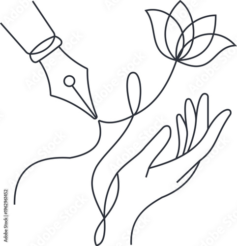 Minimalist one line drawing of fountain pen nib writing a blooming flower.