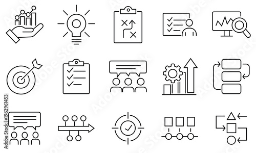 Action plan icon set. Strategy action planning icons for web and mobile app .Containing planning, schedule, strategy, analysis, tasks, goal, collaboration and objective icons