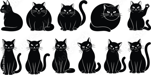 cat silhouette vector set, cute black cats collection, pet animal poses illustration, feline design graphic, cad drawing flat vector illustration