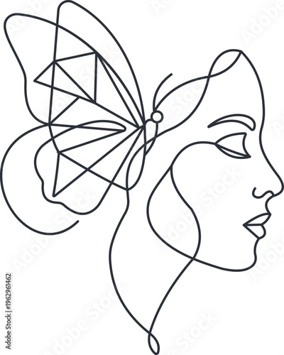 Abstract profile of woman face with geometric butterfly wing line art.