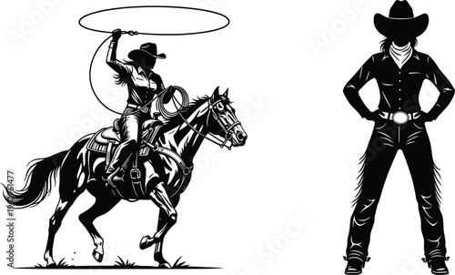 cowboy silhouette vector set, western rider with horse, rodeo lasso action illustration, wild west culture design, cad drawing flat vector illustration