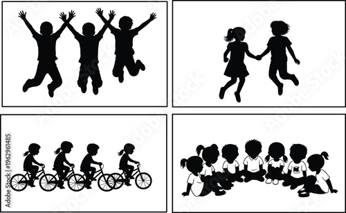 children silhouette vector set, kids playing jumping cycling illustration, happy childhood activity design, playful lifestyle scene, cad drawing flat vector illustration
