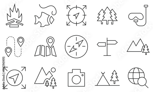 Adventure icon set. Containing hike, campfire, snorkeling, climbing, tent, backpack, , compass, kayak, hiking, travel, travel and canoeing icons. Outdoor activity concept. 