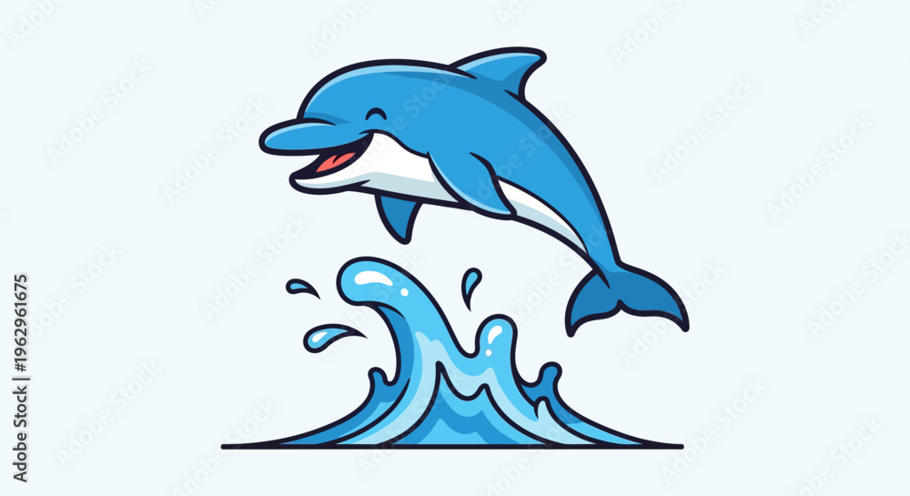Obraz premium A cartoon dolphin jumping out of water.