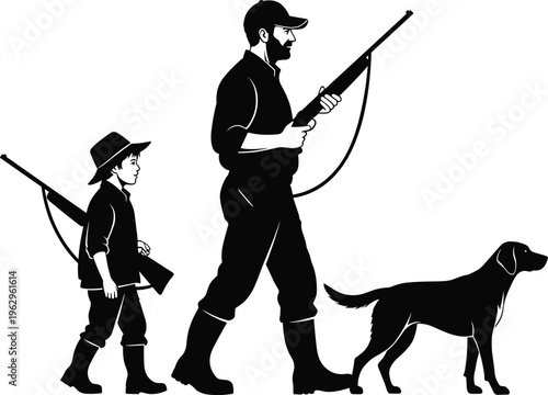 hunter silhouette with dog and child, hunting scene vector, rifle outdoor activity illustration, wildlife tracking concept, cad drawing flat vector illustration