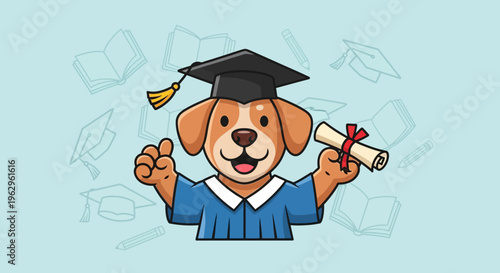 Cute dog in graduation cap celebrating.