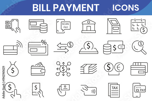 Bill Payment icon set.  Containing finance related icons: bill, receipt, invoice, document, ATM, cash, and other. Outline Icon Collection. 
