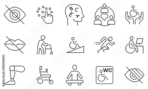 Disability icon set. featuring of physical and mental development, assistive devices and more. Containing wheelchair, accessibility, blind, broken leg, disabled, assistance and deafness icons.
