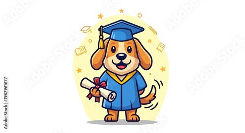 Cartoon dog in graduation cap and gown.
