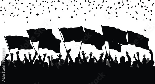 protest crowd silhouette vector, demonstration with flags illustration, people rally concept, social activism scene, cad drawing flat vector illustration