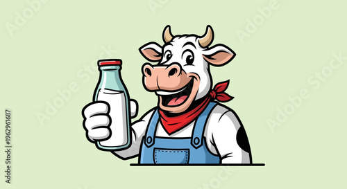 Cartoon cow holding milk bottle cheerfully.