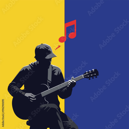 A silhouetted guitarist with a musical note over his head
