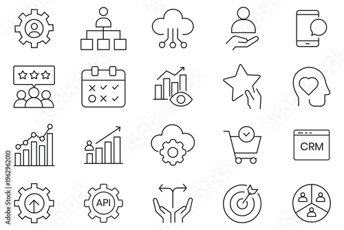 CRM line icon set. Containing marketing, data, report, strategy, manager, relationship, management, sales, support, communication, loyalty, business, client, service  audience and more.