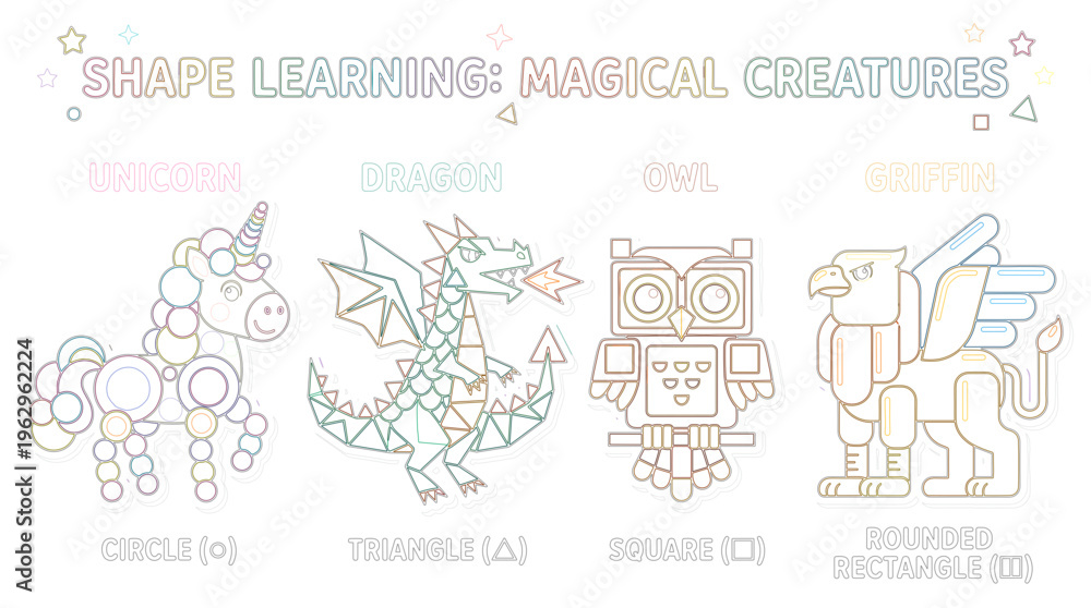 Fototapeta premium Exploring Geometric Shapes and Mythical Creatures A Fun Learning Experience for Children