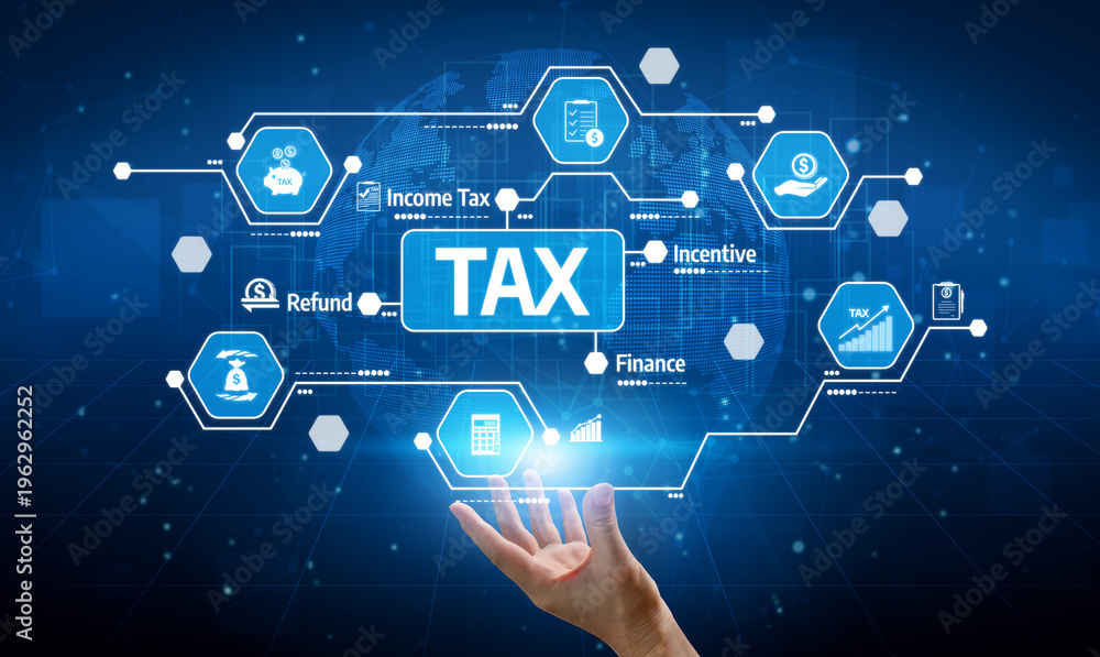 Naklejka premium A hand reaching towards digital tax icons illustrates key financial concepts like income tax, refunds, and incentives in a modern and innovative environment. Tessel