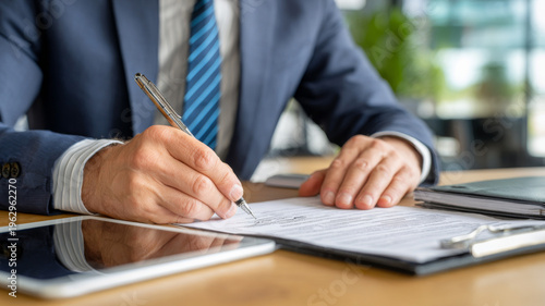 Professional man diligently signing important documents in a modern office setting during the midday hours