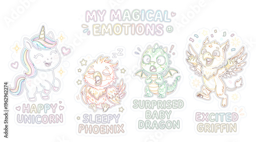 Magical Fantasy Creatures Expressing Emotions Unicorn, Phoenix, Dragon, and Griffin