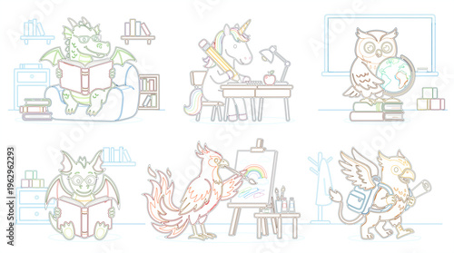 Enchanting Creatures of Myth and Legend Engaged in Scholastic and Artistic Pursuits