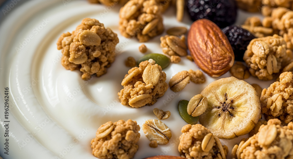 Obraz premium Healthy breakfast bowl with yogurt, granola, nuts, and dried fruits