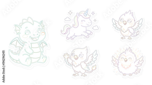 Cute magical creatures including a dragon, unicorn, and griffins, perfect for children's designs and fantasy art