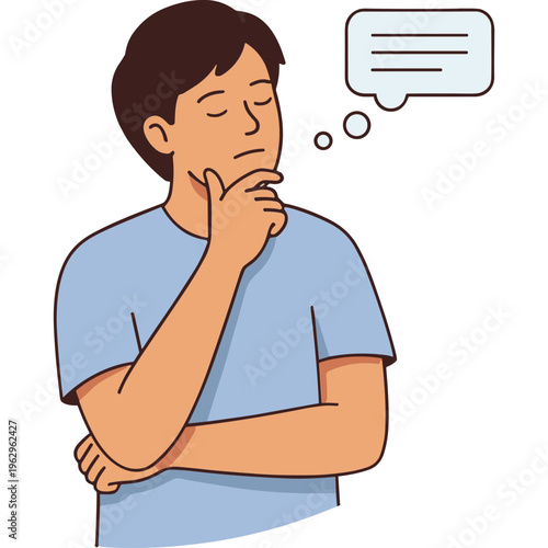 Man thinks deeply with speech bubble floating above his head indoors