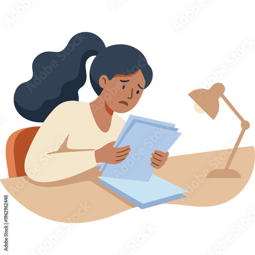 A woman sits at a desk under a lamp reading documents with concern