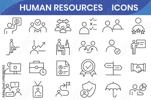 Human Resources icon set. Containing HR, Human Resources, Recruitment, Employment, business, office, company, management. Outline Icon Collection. Vector illustration.